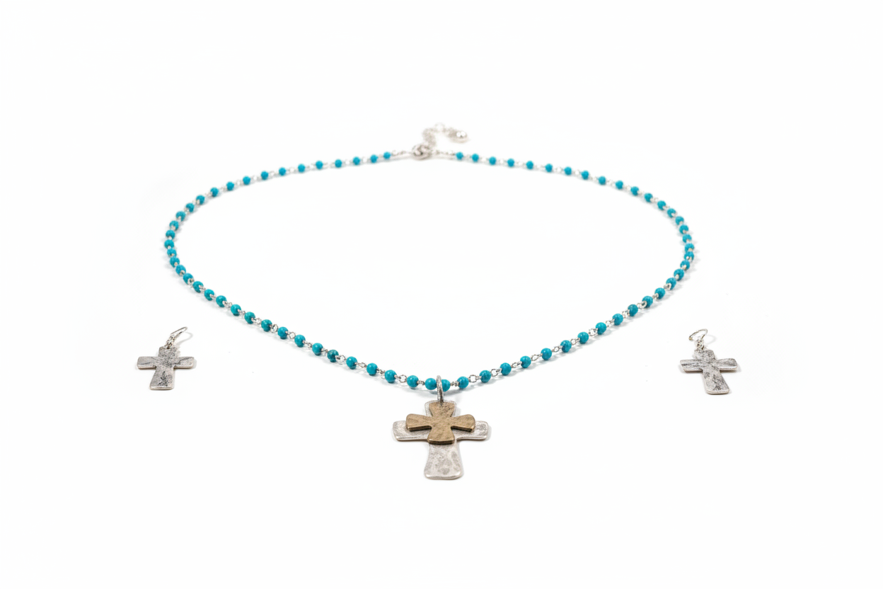 Beaded Double‑Cross Necklace & Earring Set