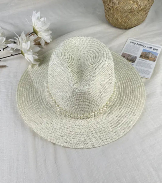"Coastal Charm" Elegant French-Style Straw Sun Hat With Faux Pearl Chain - Wide Brim Panama Jazz Cap