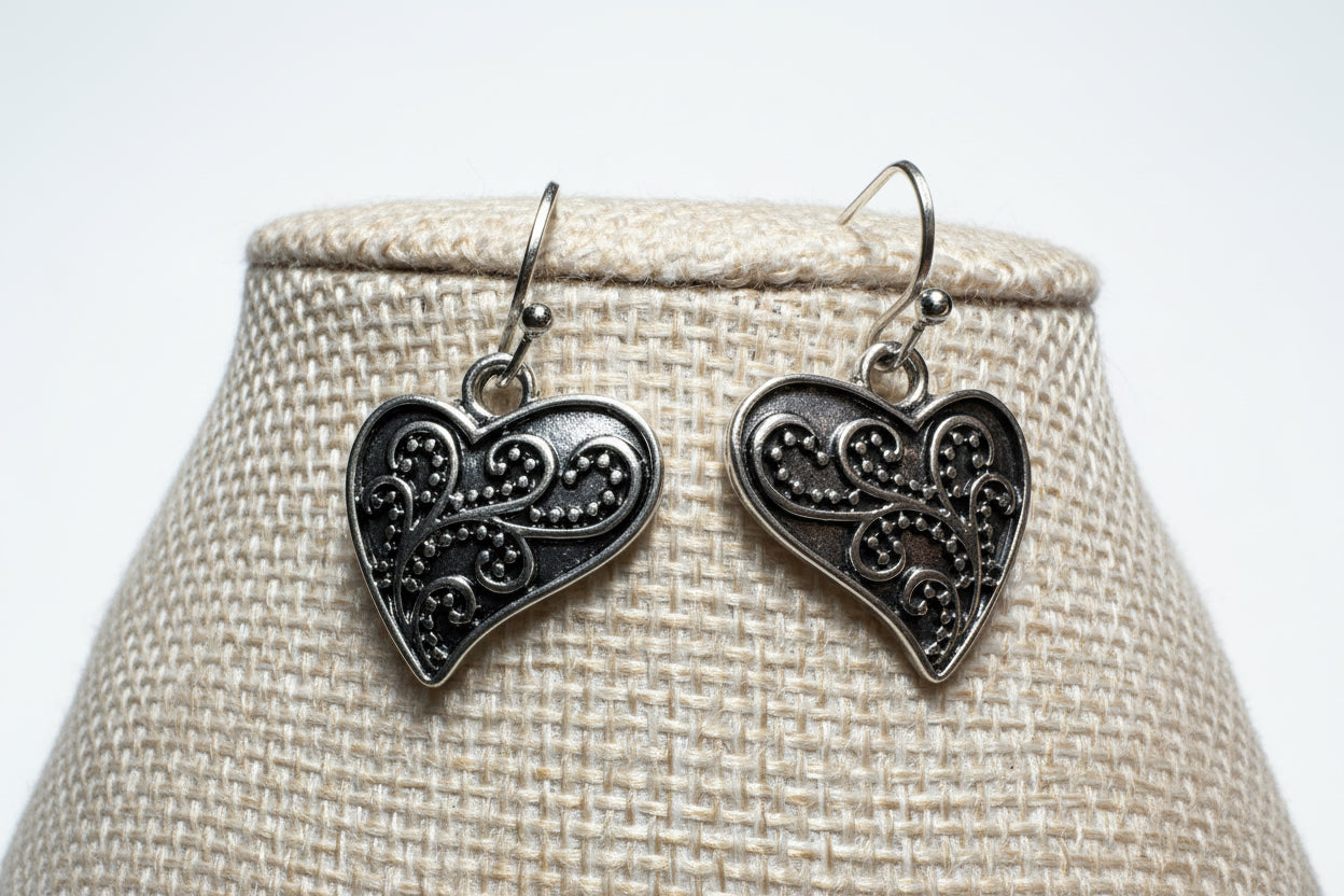 Silver-Tone Filigree Heart Necklace & Earrings Set