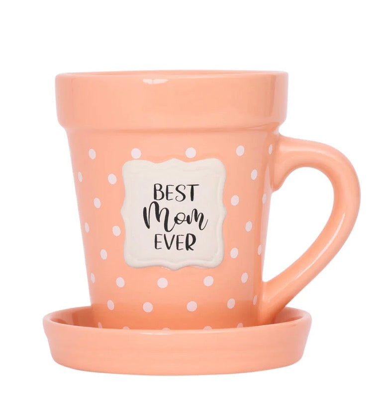 Flower Pot Mug “Best Mom Ever’ with saucer and spoon