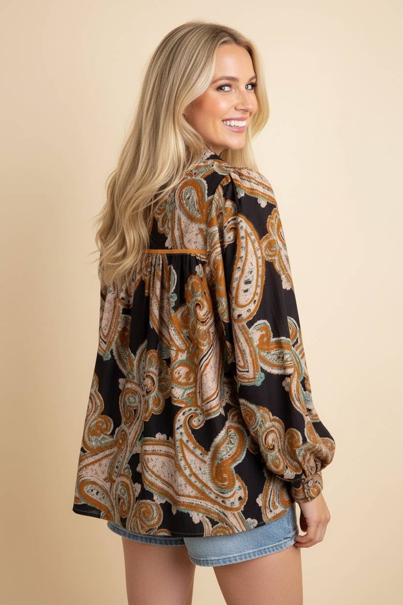 Paisley Balloon Sleeve V-Neck Blouse