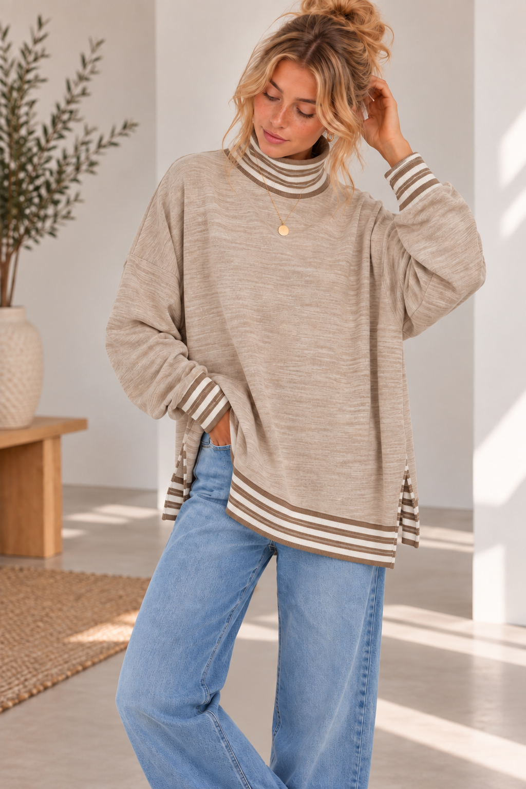 BUTTER SOFT HEATHER FLEECE MOCK NECK TUNIC STRIPE CONTRAST