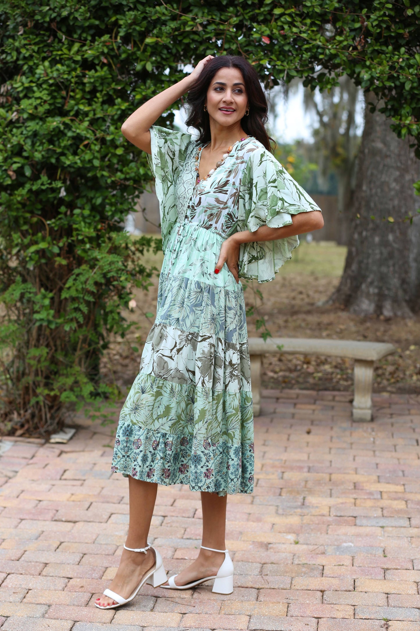 Flutter Sleeve Boho Dress: Mint Meadow Patchwork