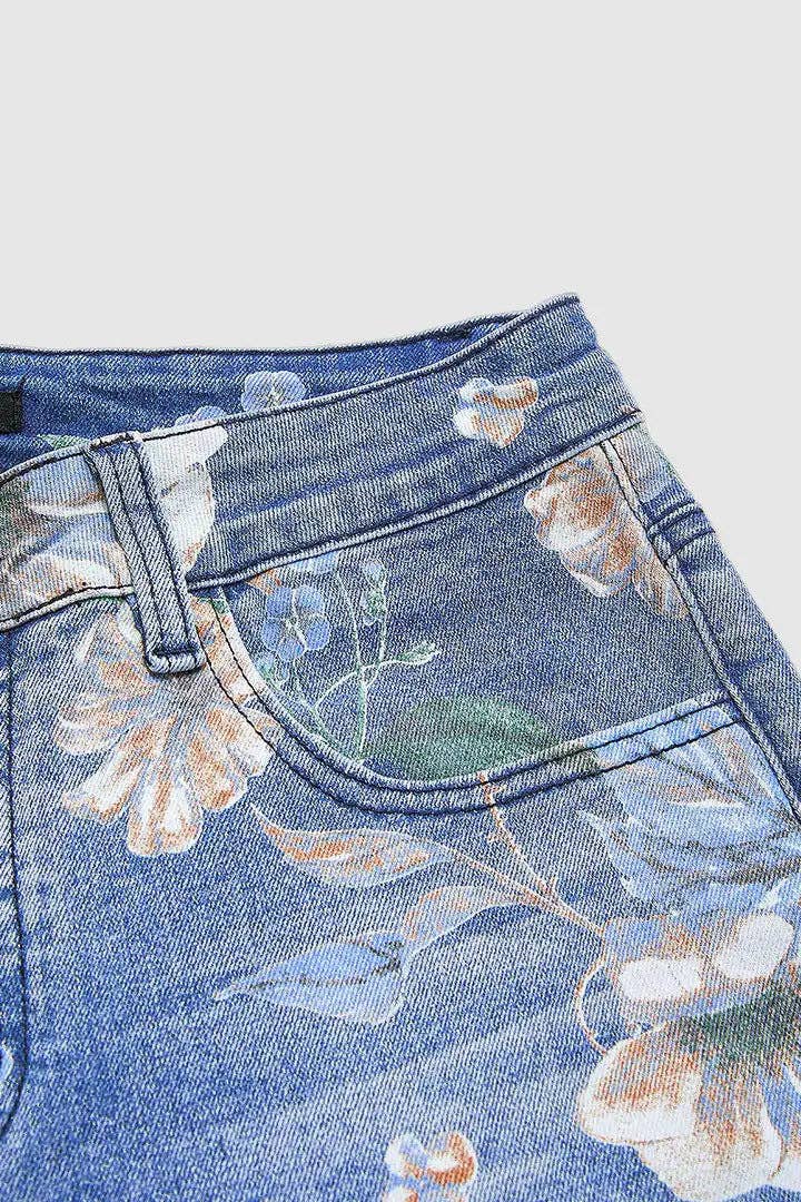 Floral Print High Waist Wide Leg Denim Jeans