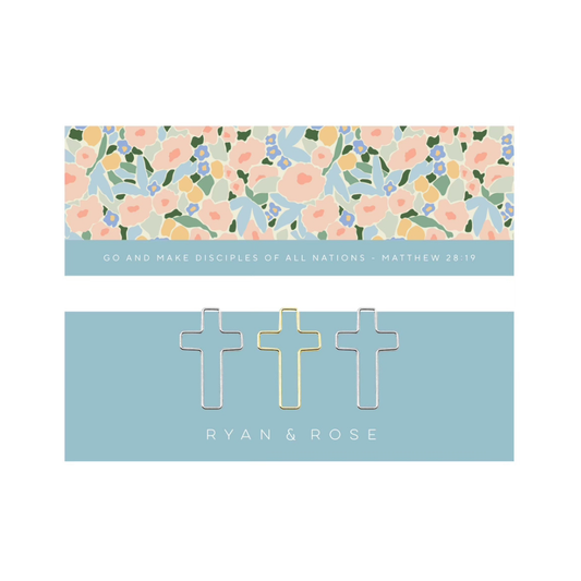 Floral patterned card with bookmark crosses and text on a white background