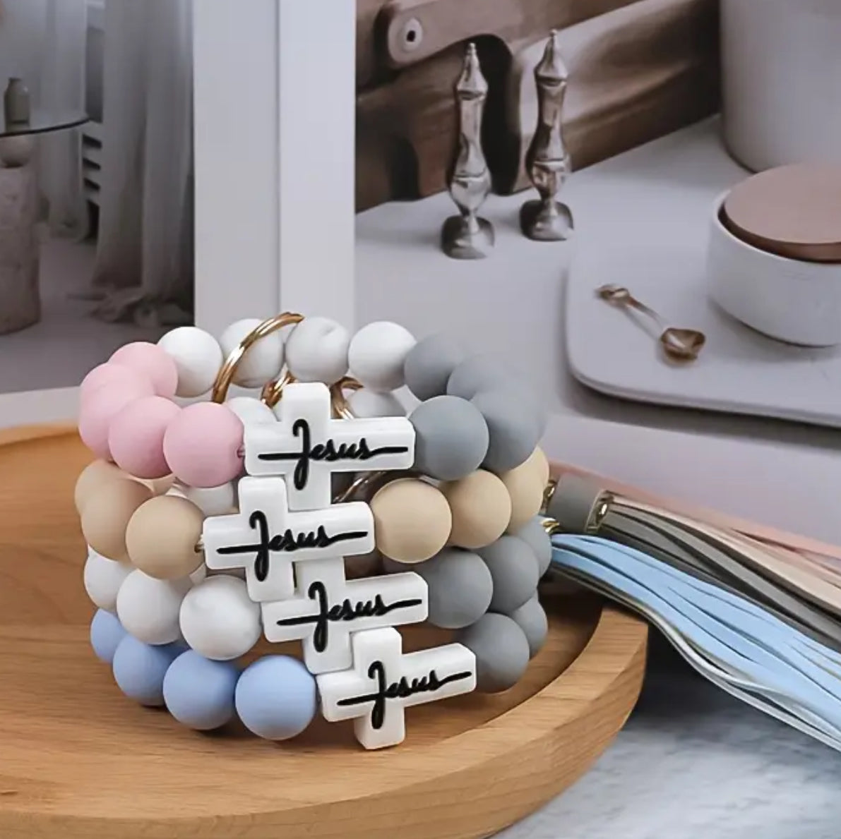 Pastel Silicone Bead Wrist Keychains with Tassel, Lobster Bead Embellished Keychain