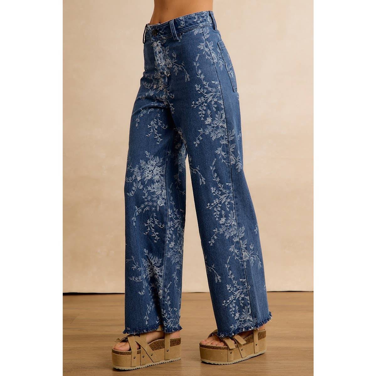 VINTAGE FLORAL VINE PRINT WIDE LEG JEANS