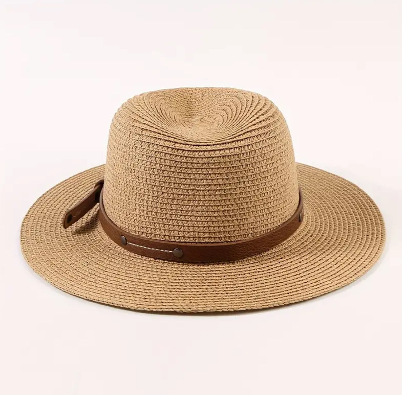 Chic Breathable Khaki Summer Straw Sun Hat With Pu Leather Belt, Perfect For Beach & Casual Wear