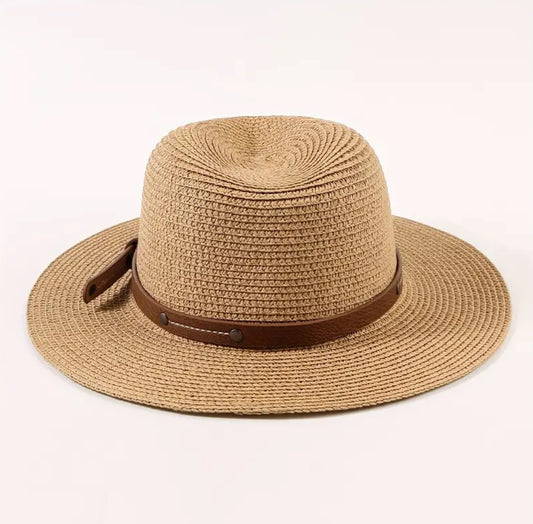 Chic Breathable Khaki Summer Straw Sun Hat With Pu Leather Belt, Perfect For Beach & Casual Wear