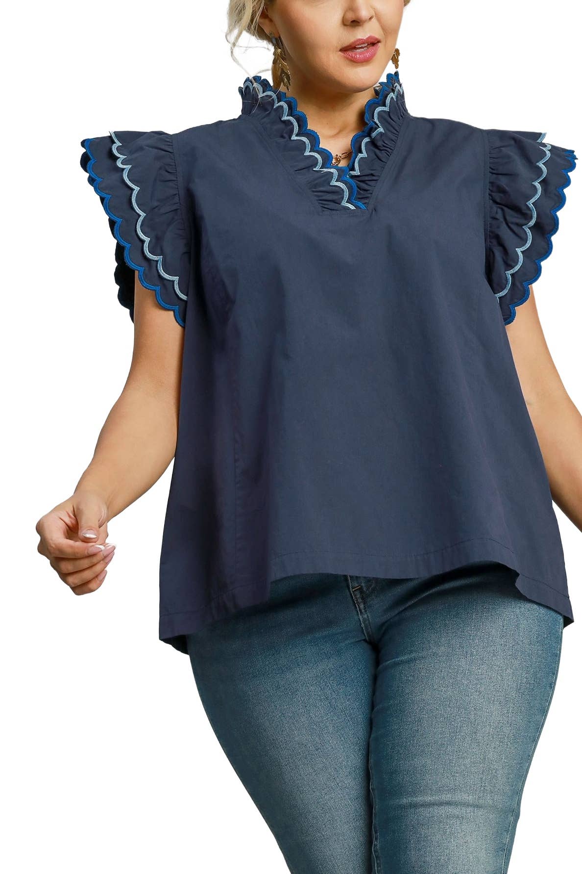 Plus Scalloped Neckline And Sleeved Top