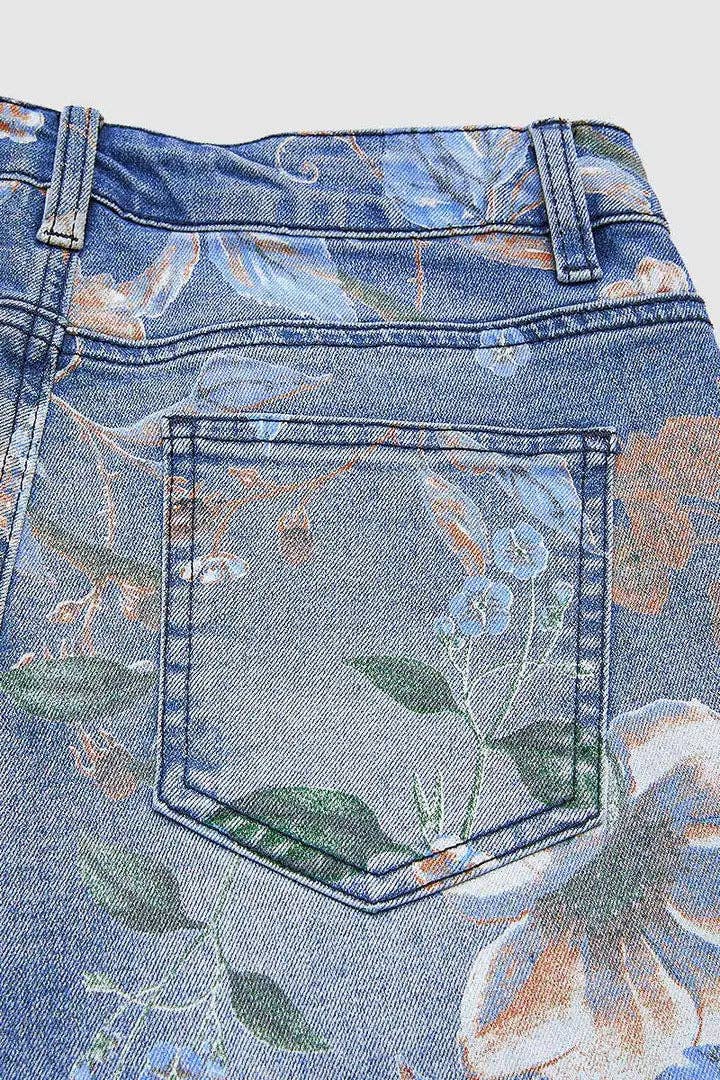 Floral Print High Waist Wide Leg Denim Jeans