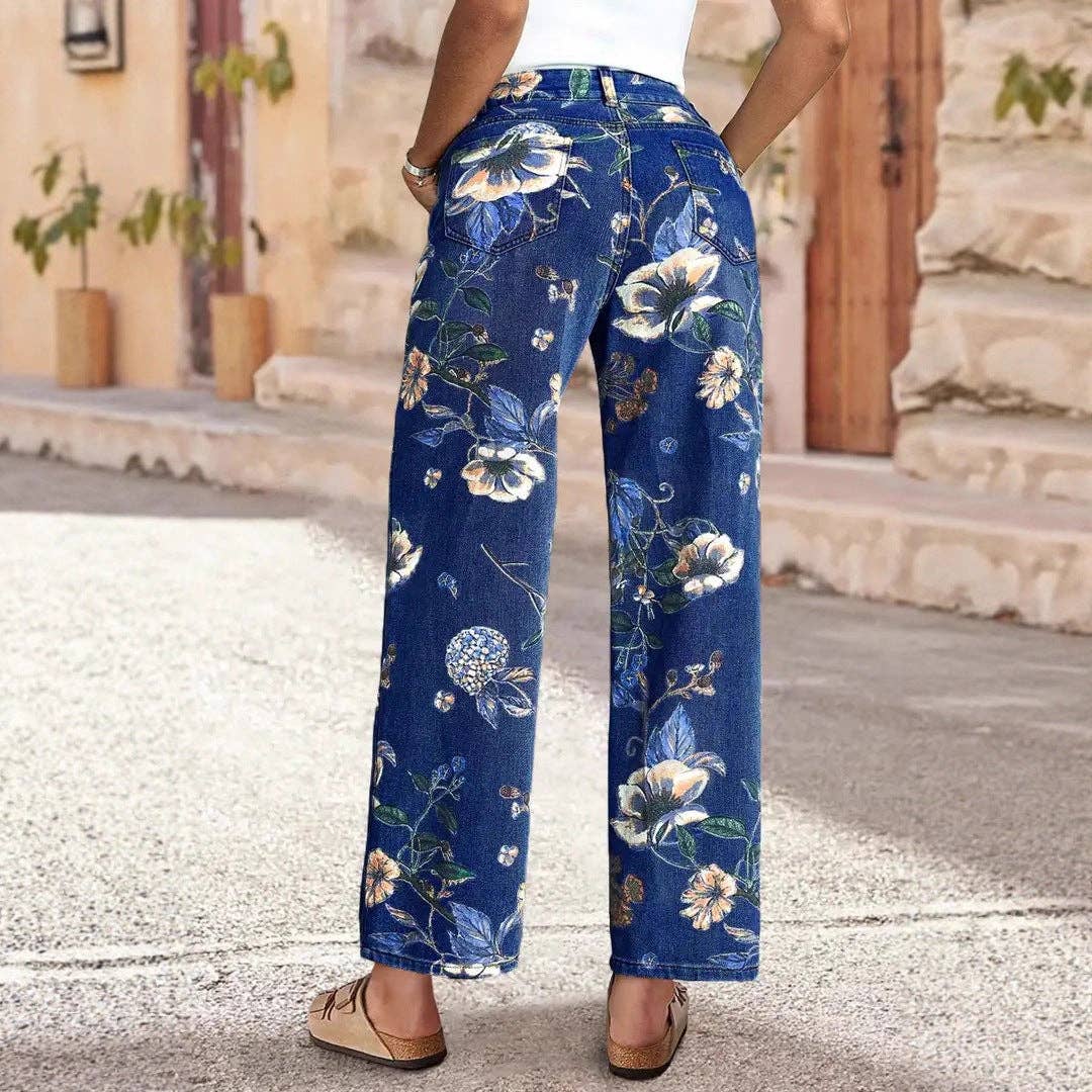 Floral Print High Waist Wide Leg Denim Jeans