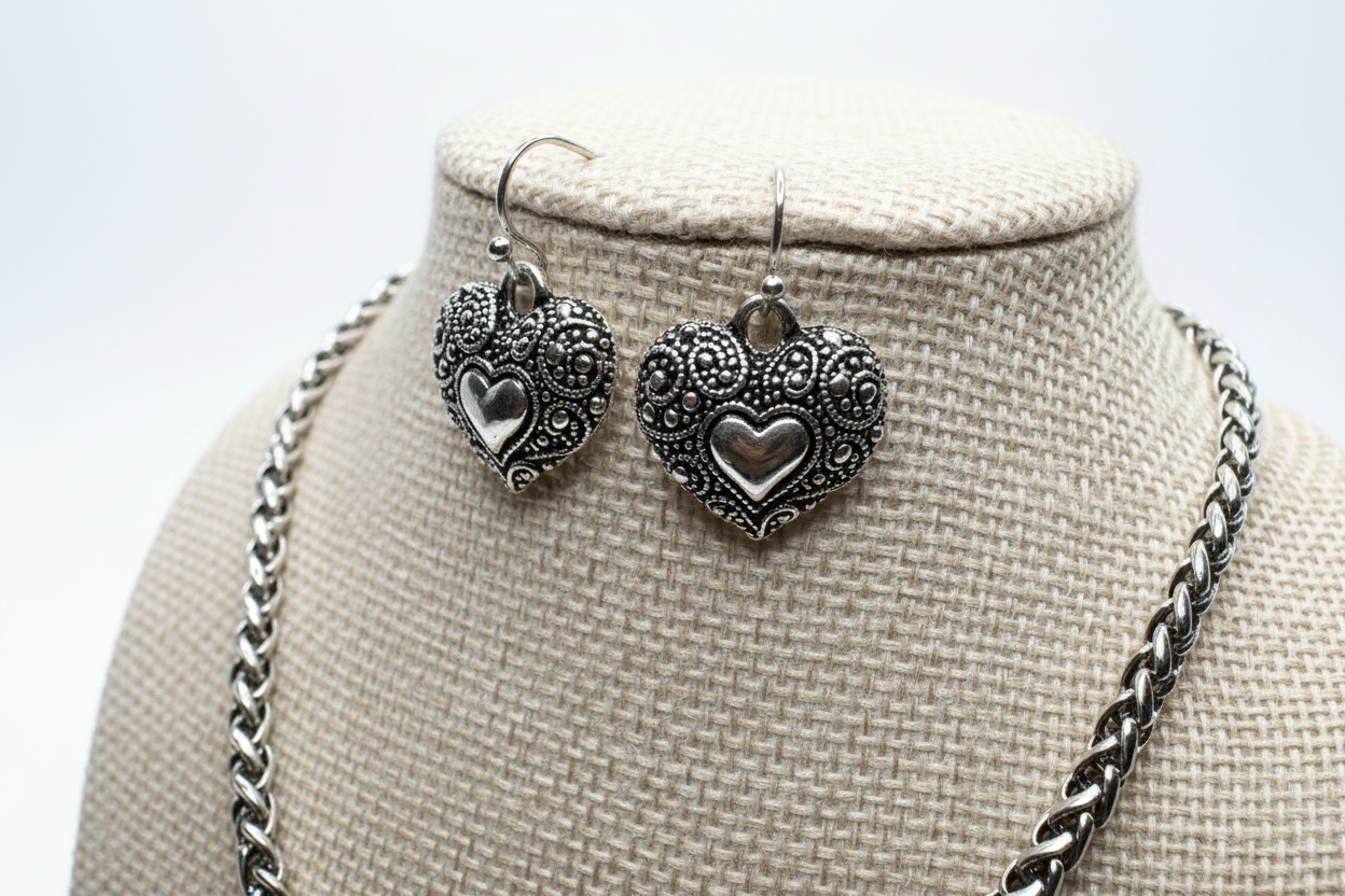 Silver-Tone Interlocking Heart Necklace & Earrings Set