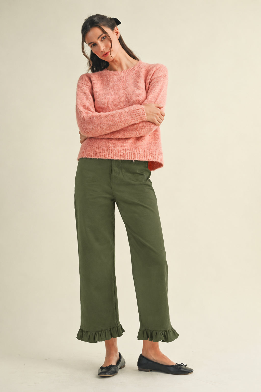Stretch Front Pocket Ruffle Hem Twill Pants