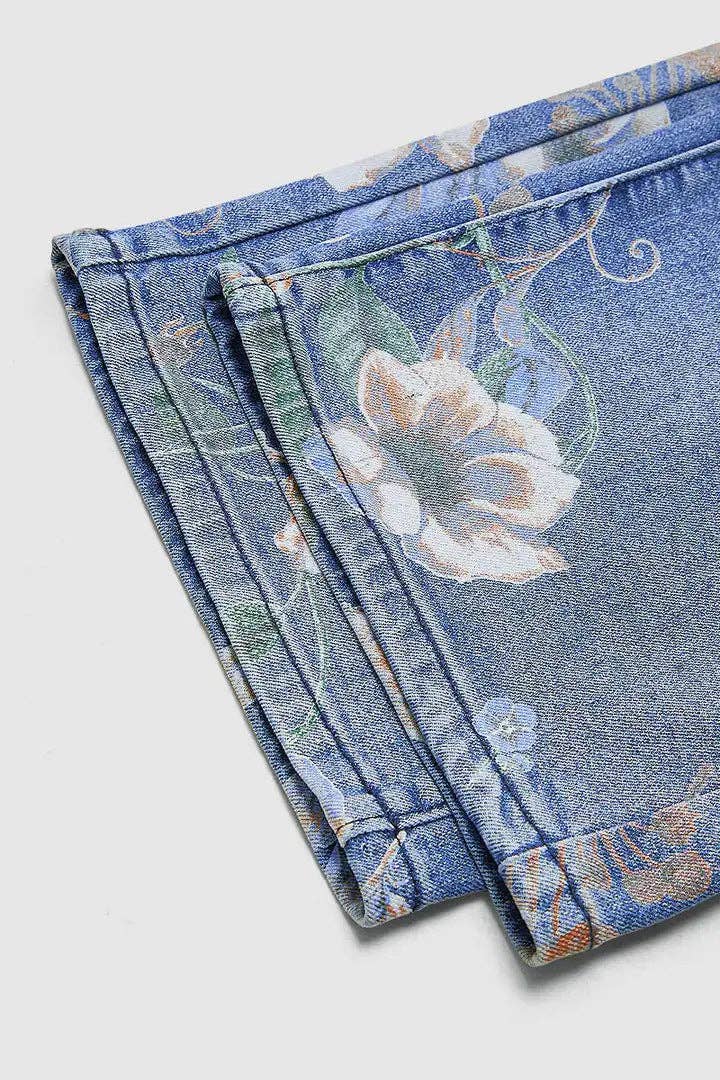 Floral Print High Waist Wide Leg Denim Jeans