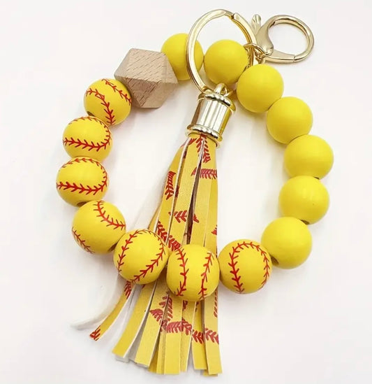 Wooden Beaded Softball Wristlet Keychain with PU Leather Tassel and Lobster Clasp