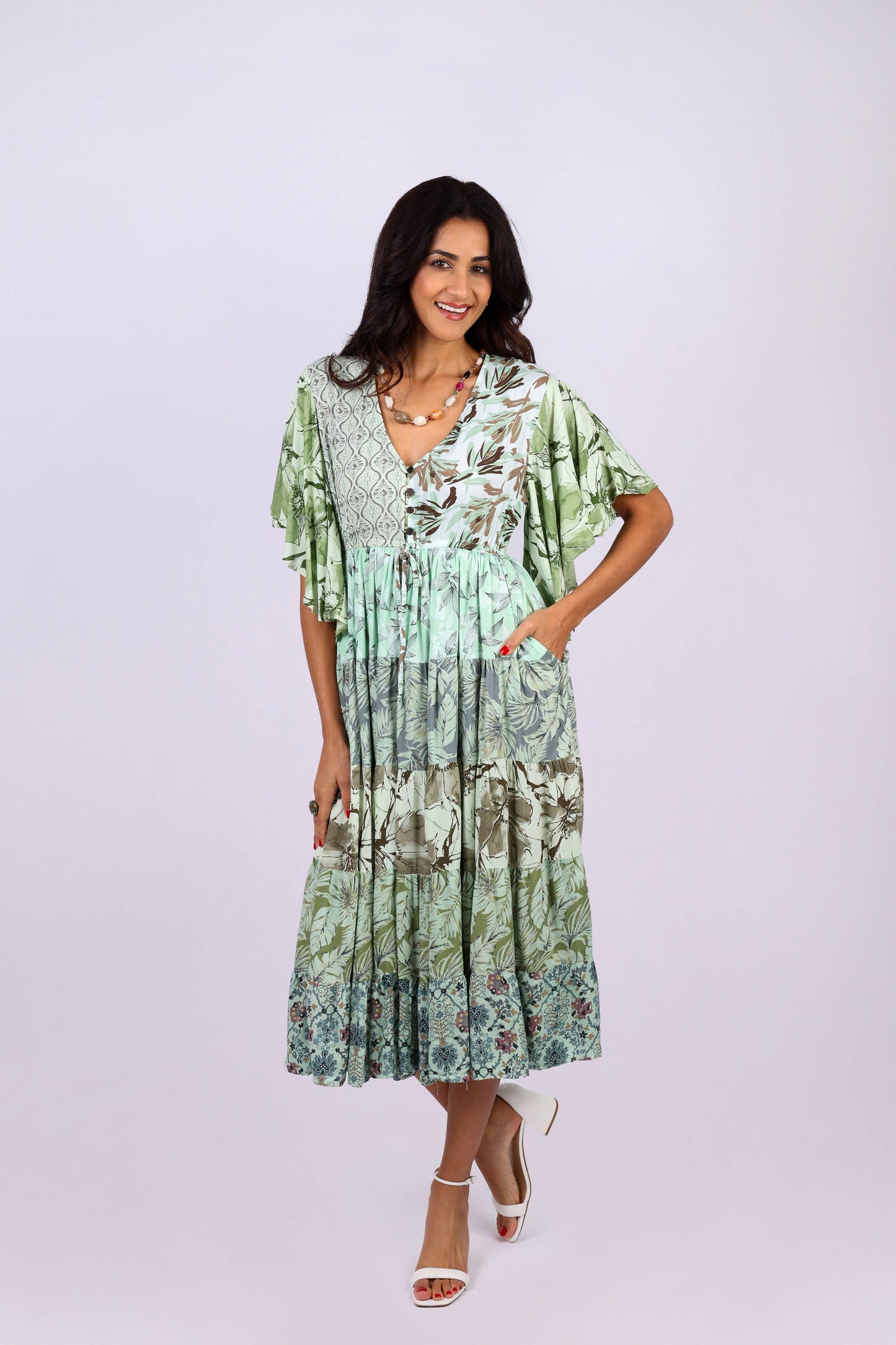 Flutter Sleeve Boho Dress: Mint Meadow Patchwork