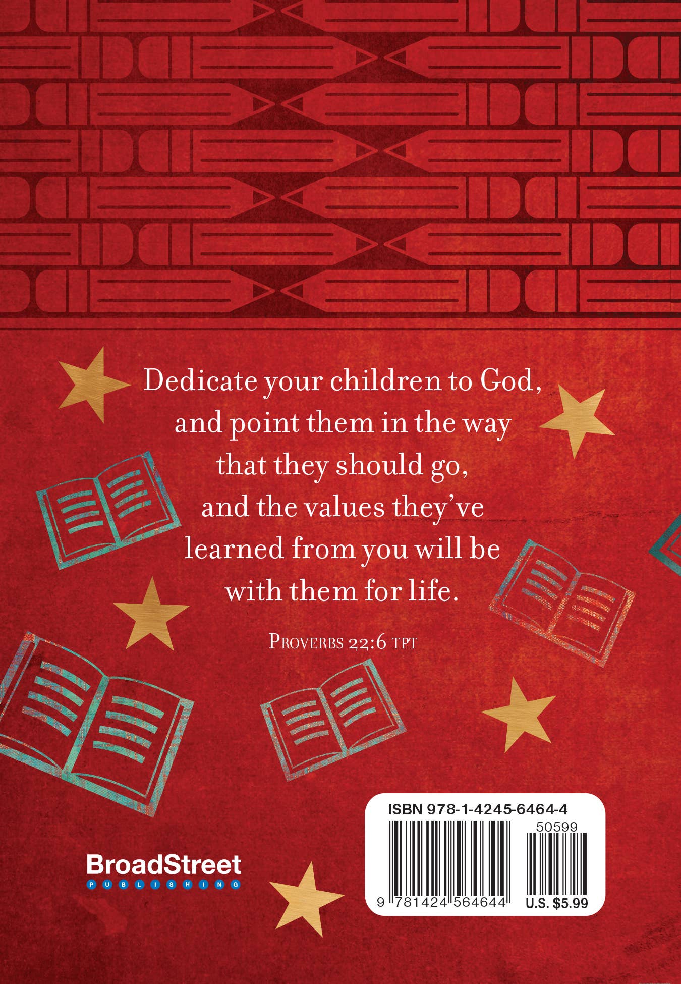 Back cover of a book with decorative elements and text on a red background