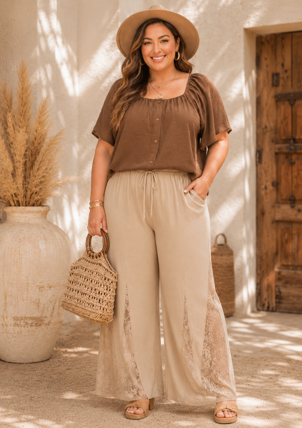 Plus Size Bubble Sleeve Button Front Blouse