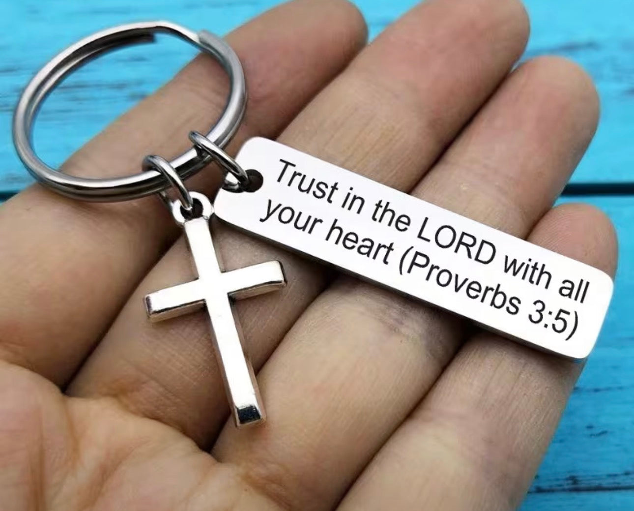 Silver Scripture Cross Keychain