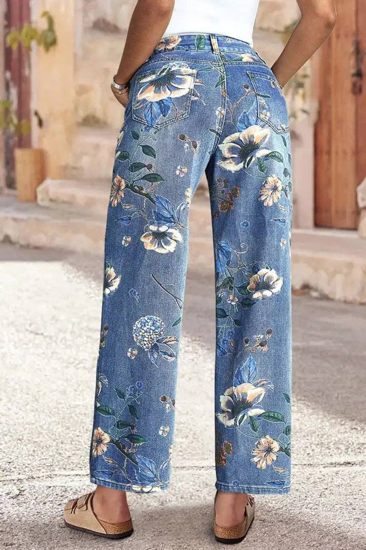 Floral Print High Waist Wide Leg Denim Jeans