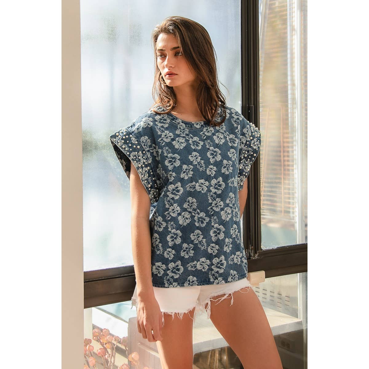 WASHED FLORAL TEXTURE DENIM AND PEARL TOP