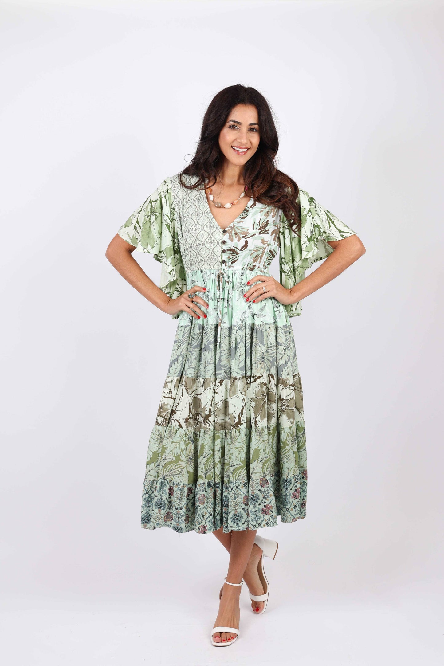 Flutter Sleeve Boho Dress: Mint Meadow Patchwork