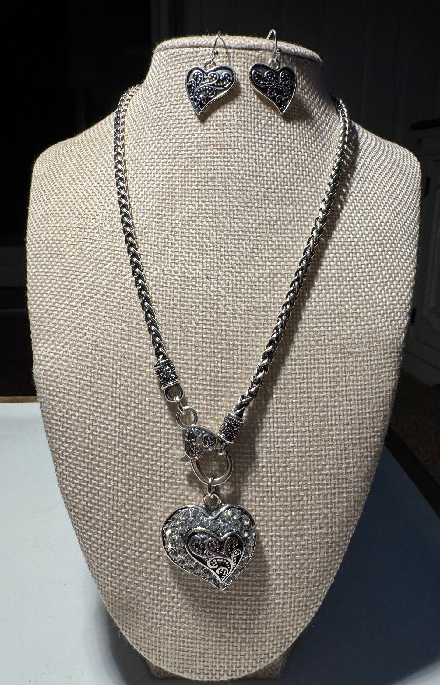 Silver-Tone Filigree Heart Necklace & Earrings Set