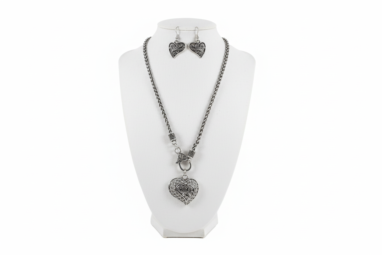 Silver-Tone Filigree Heart Necklace & Earrings Set