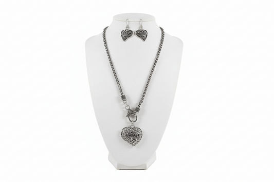 Silver-Tone Filigree Heart Necklace & Earrings Set