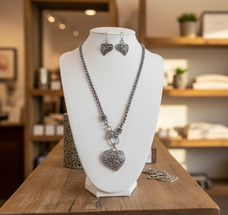 Silver-Tone Filigree Heart Necklace & Earrings Set