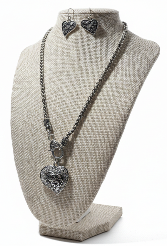 Silver-Tone Filigree Heart Necklace & Earrings Set