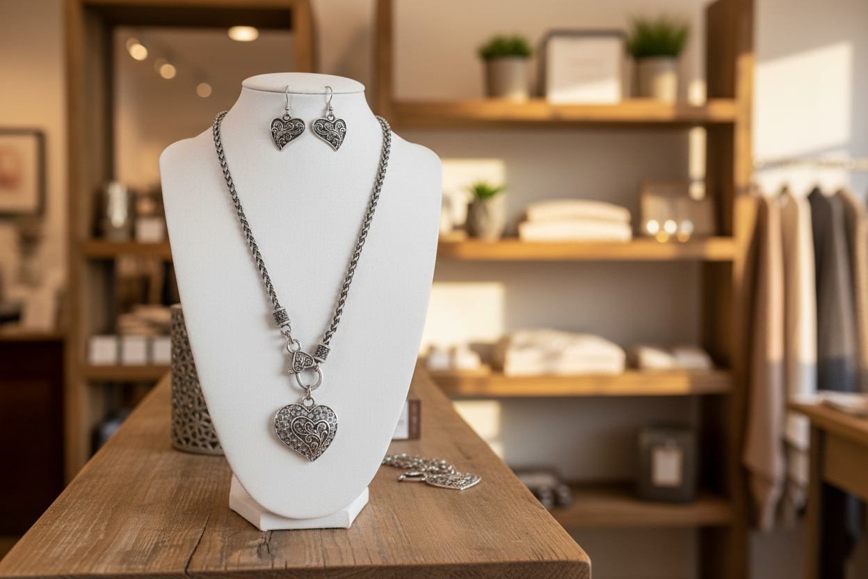 Silver-Tone Filigree Heart Necklace & Earrings Set