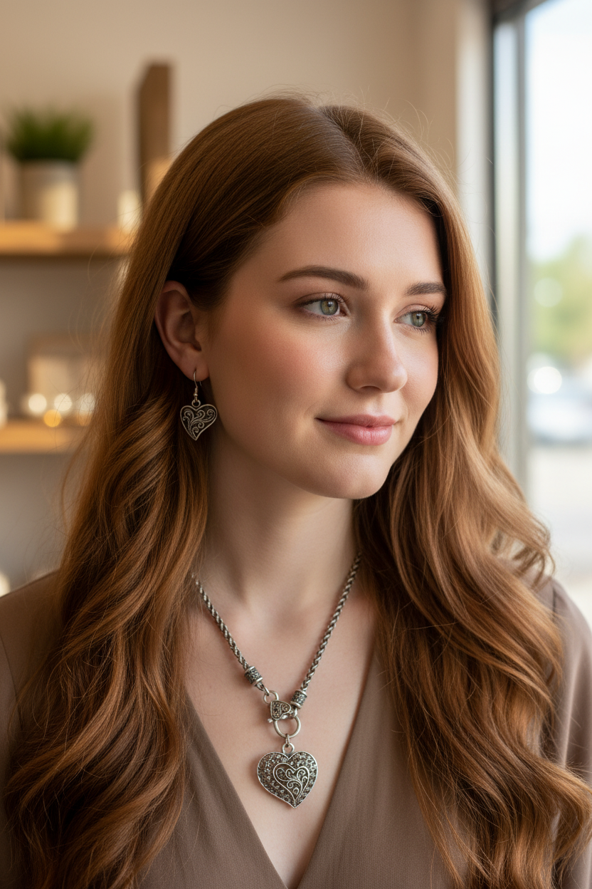 Silver-Tone Filigree Heart Necklace & Earrings Set