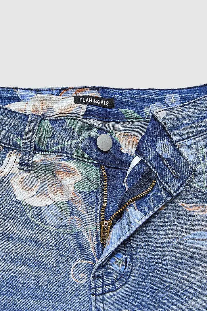 Floral Print High Waist Wide Leg Denim Jeans