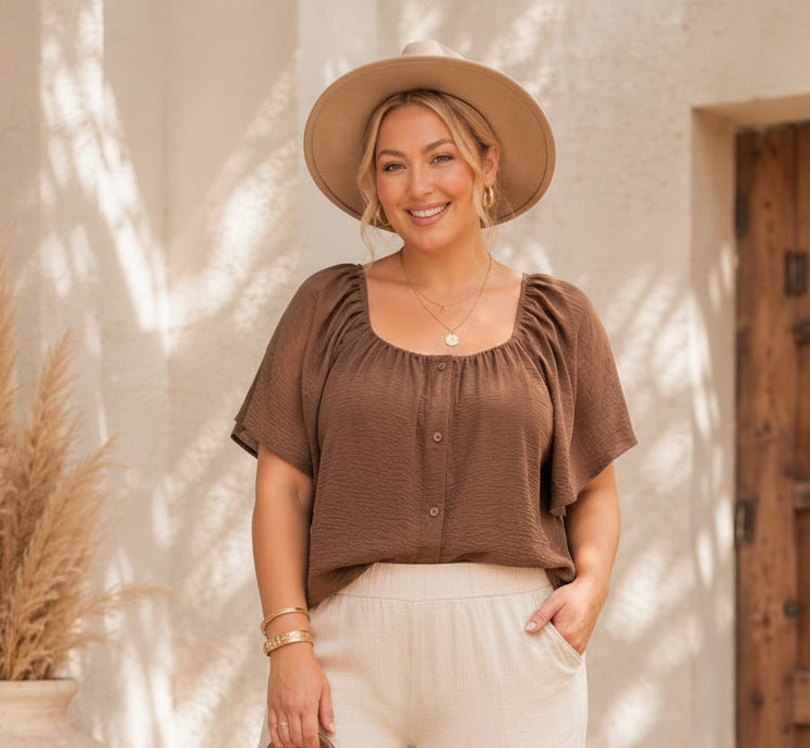 Plus Size Bubble Sleeve Button Front Blouse