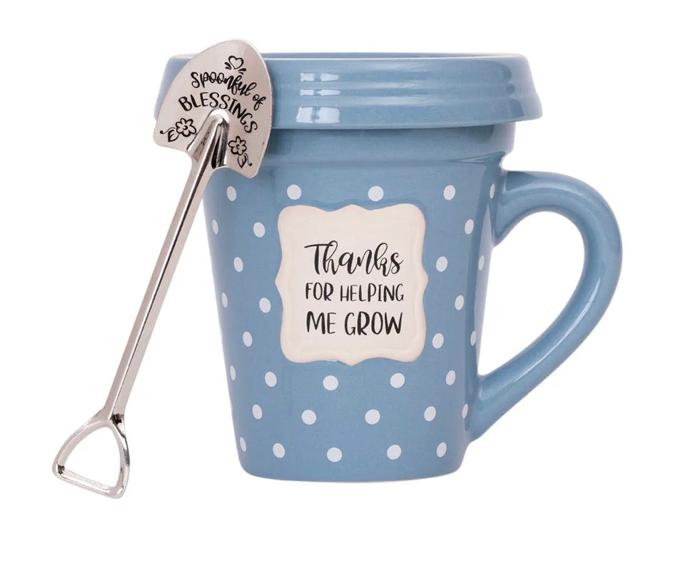 Flower Pot Mug “Thanks for Helping me Grow” with saucer and spoon