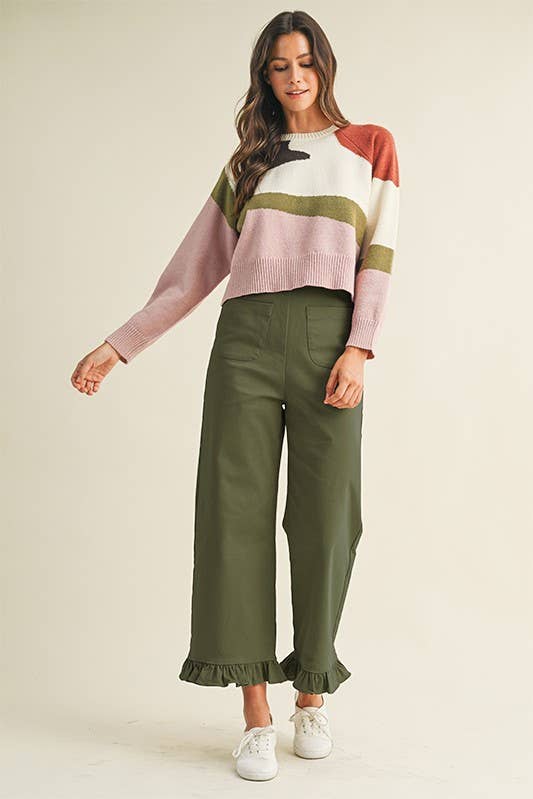 Stretch Front Pocket Ruffle Hem Twill Pants