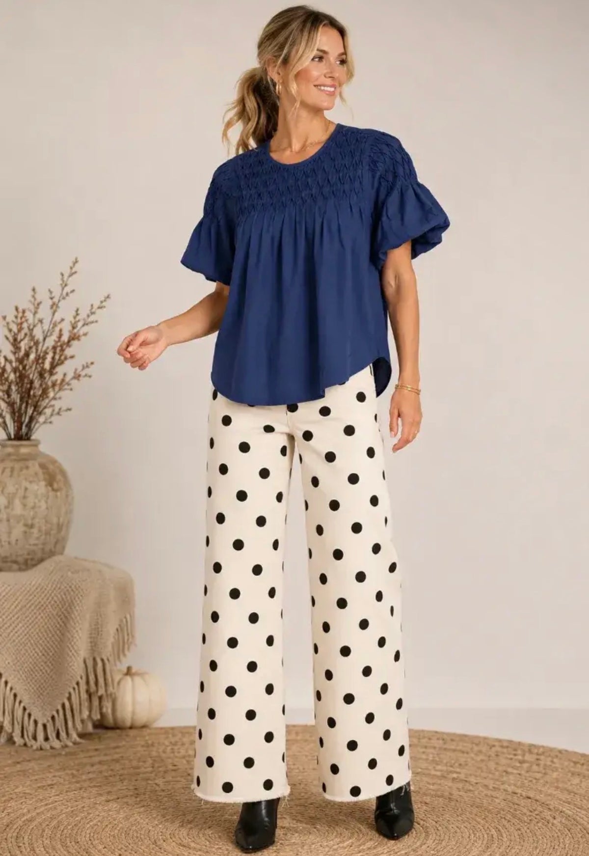 Tencel Puff Sleeve Smocked Yoke Blouse