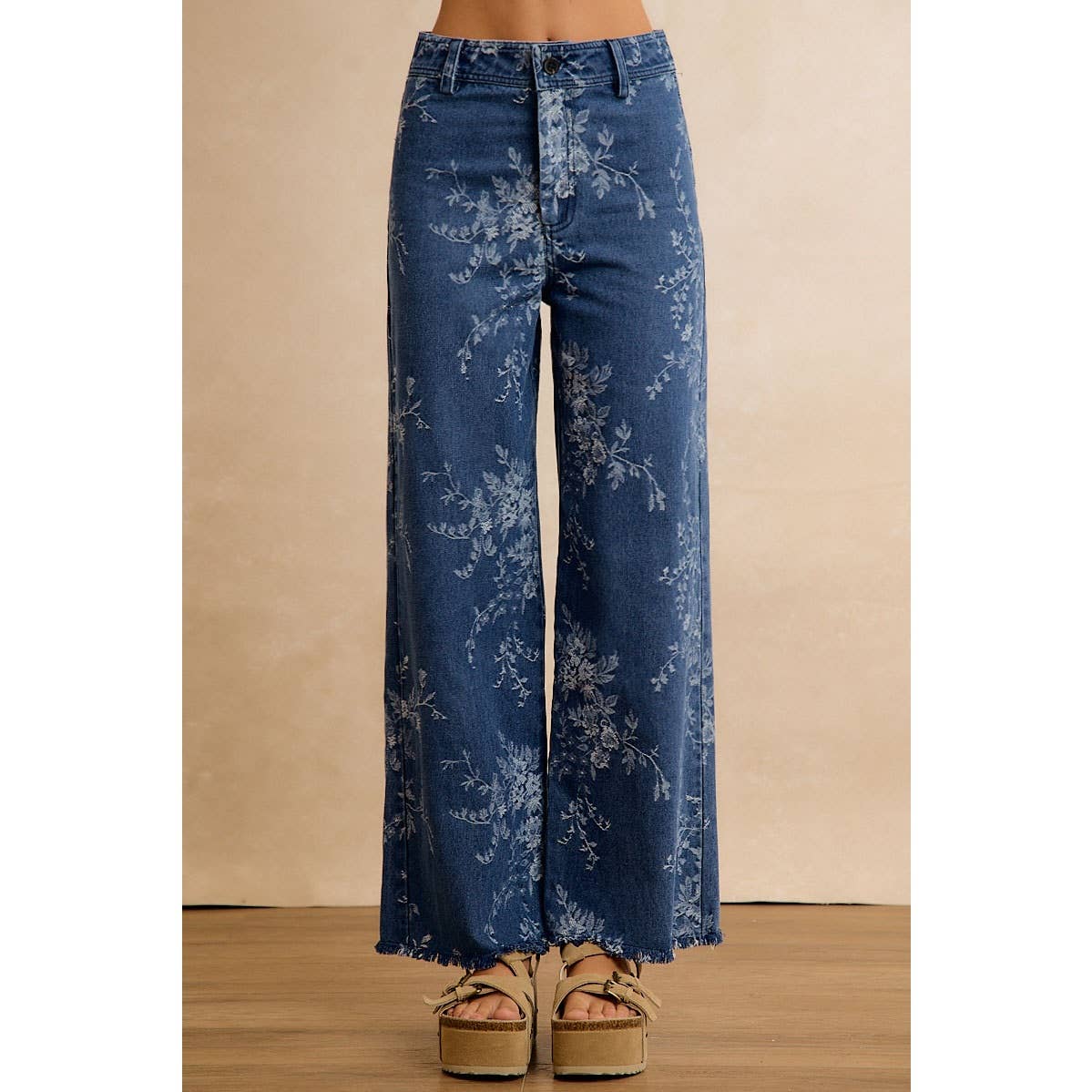 VINTAGE FLORAL VINE PRINT WIDE LEG JEANS