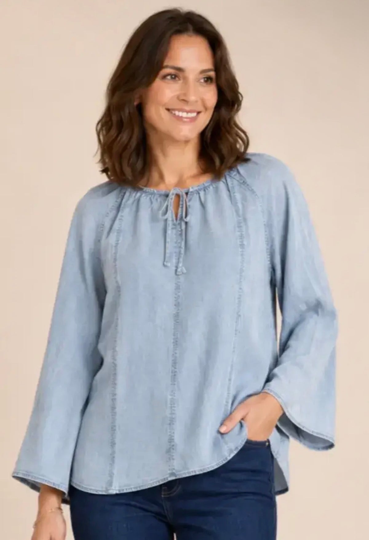Bleach Wash Tencel Tie Front Raglan Sleeve Blouse