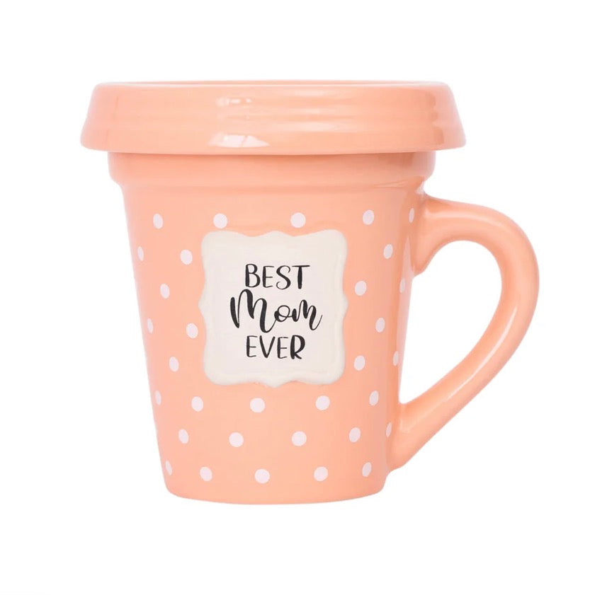 Flower Pot Mug “Best Mom Ever’ with saucer and spoon