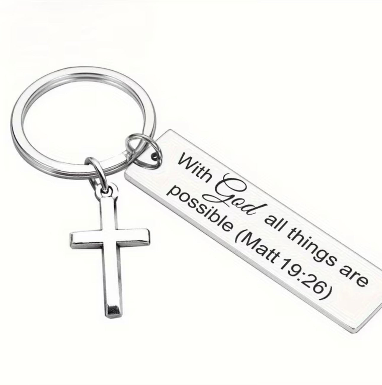 Silver Scripture Cross Keychain