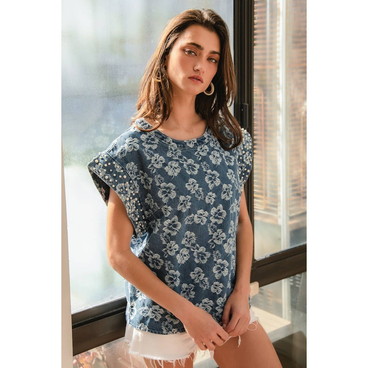 WASHED FLORAL TEXTURE DENIM AND PEARL TOP