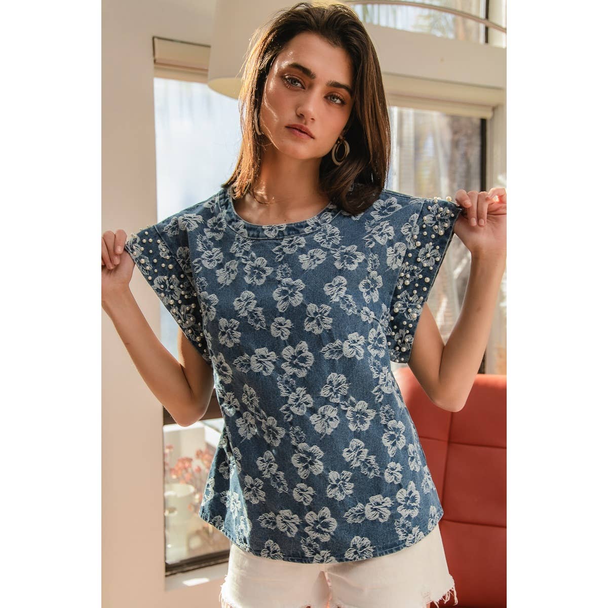 WASHED FLORAL TEXTURE DENIM AND PEARL TOP