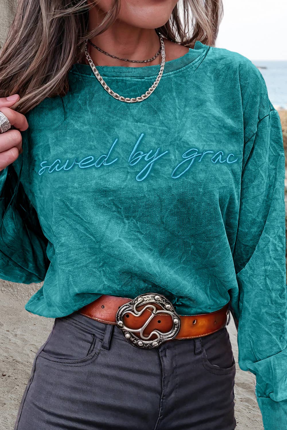 Saved by grace Embroidery Mineral Wash Sweatshirt | S-XL