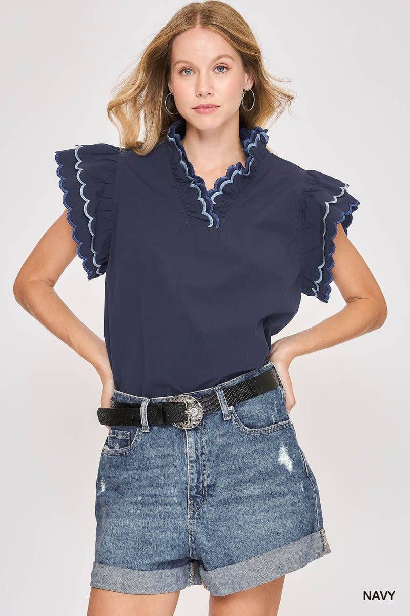 Scallop Trim Ruffle Sleeve Top