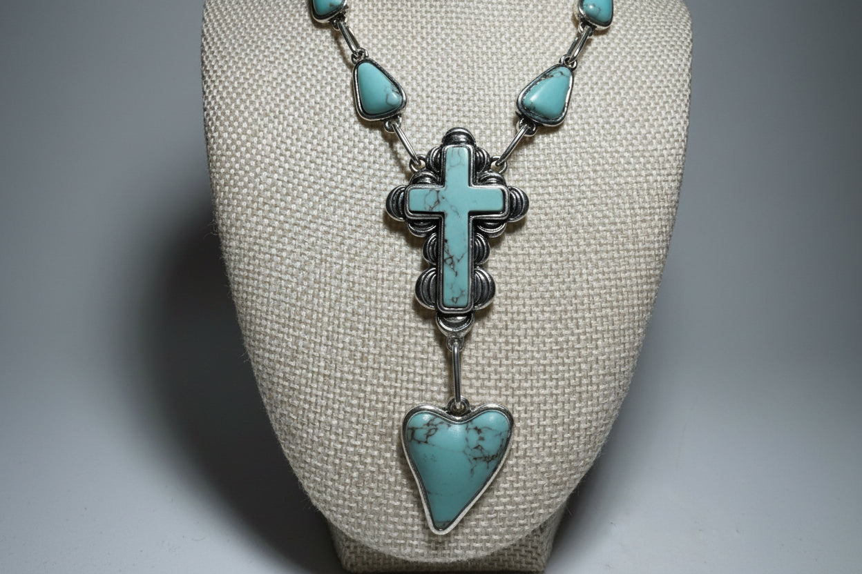 Turquoise Marbled Stone Necklace & Earring Set — Silver‑Tone Southwestern Cross with Heart Drop