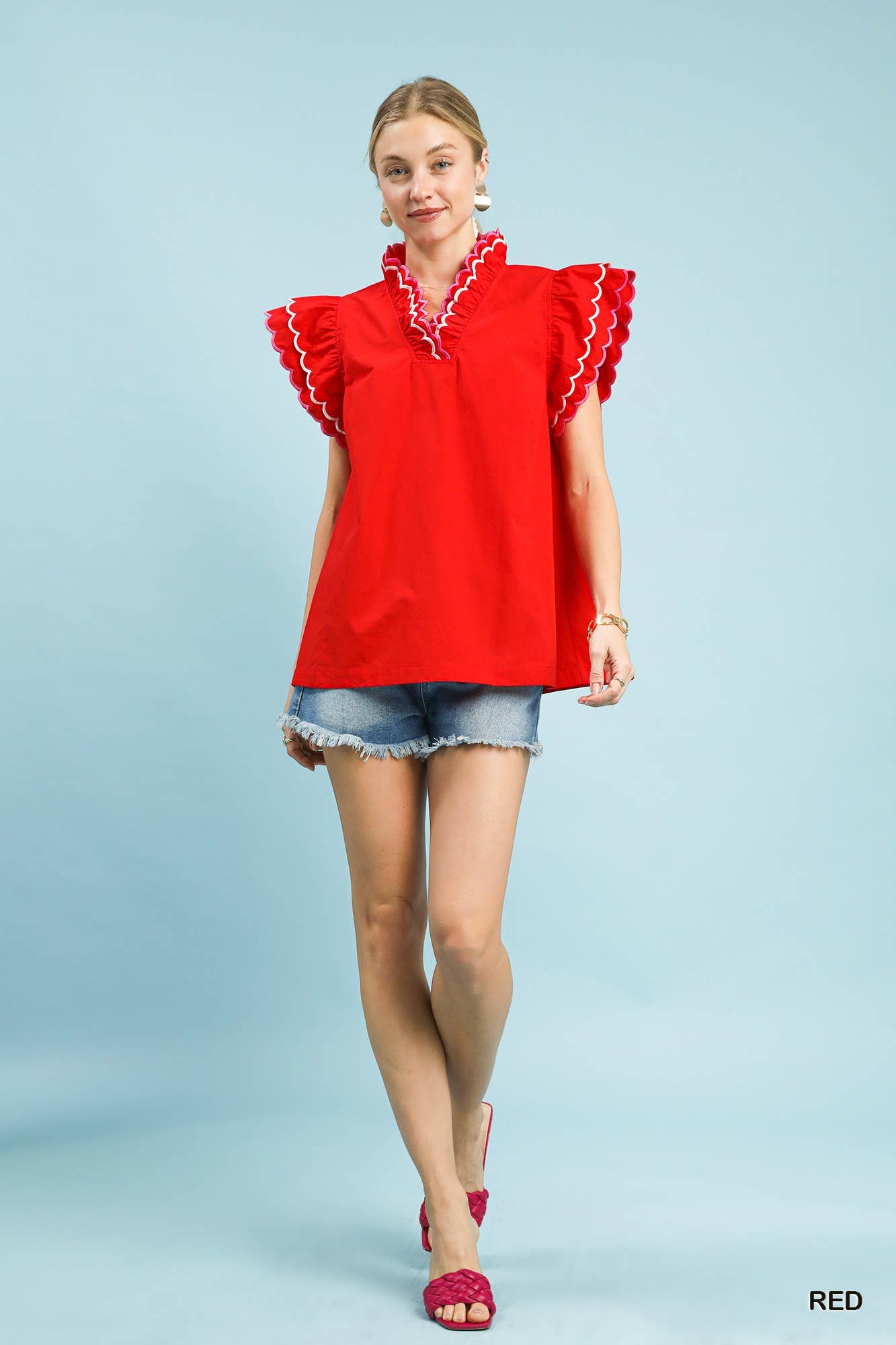Scallop Trim Ruffle Sleeve Top