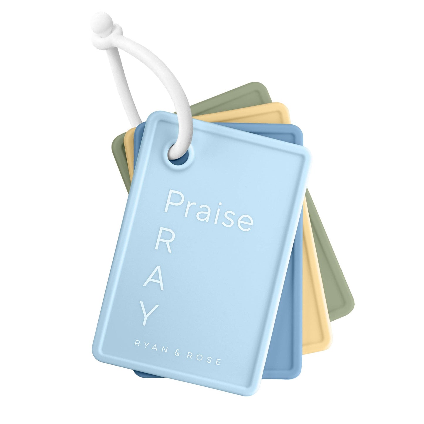 Set of colorful cards with 'Praise RAY' text on a white background